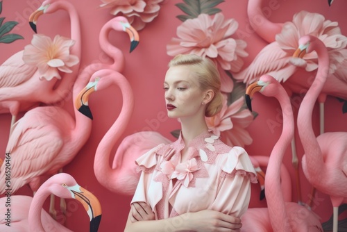 Abstract exotic pastel pink animal and woman concept portrait, young beautiful girl and tropical elegant flamingo. Generative AI.