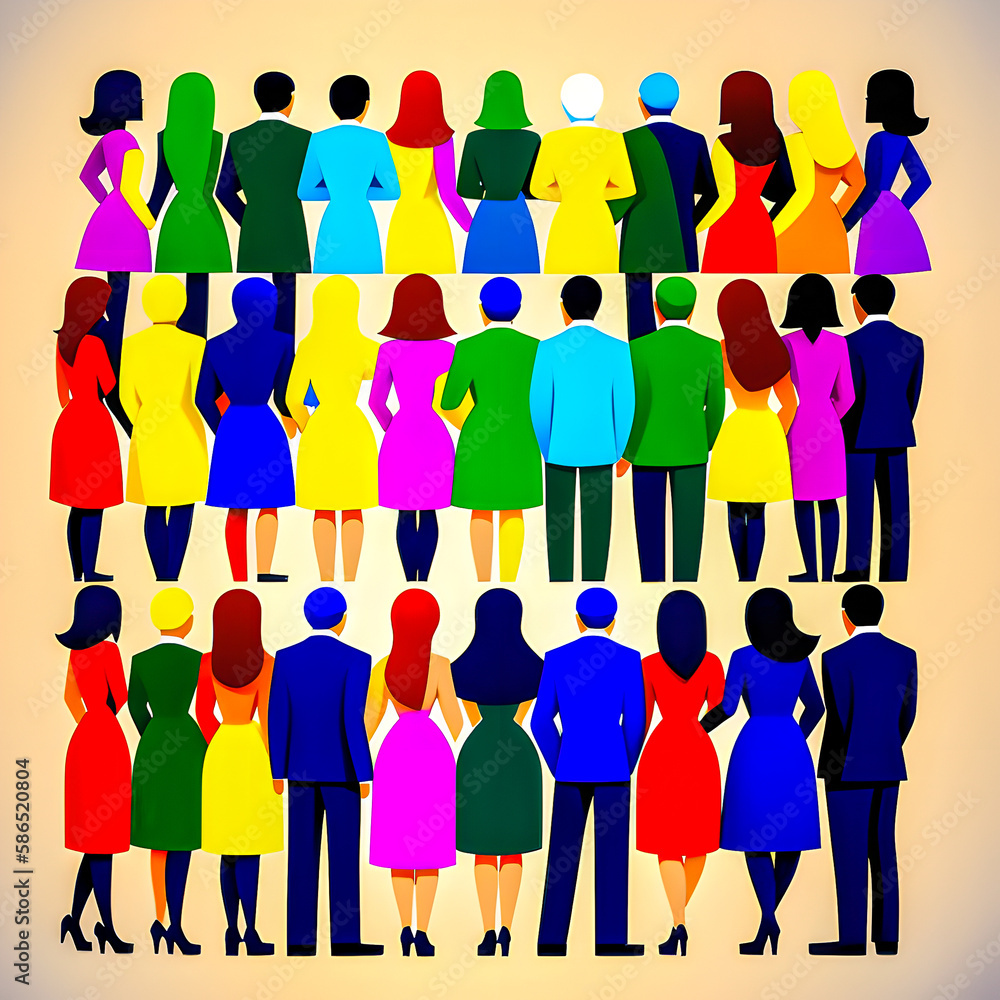 Group of abstract diverse people. Friends or colleagues stand, hug, pose together. The concept of peace between different nations. Teamwork, togetherness, friendship. colorful vector illustration