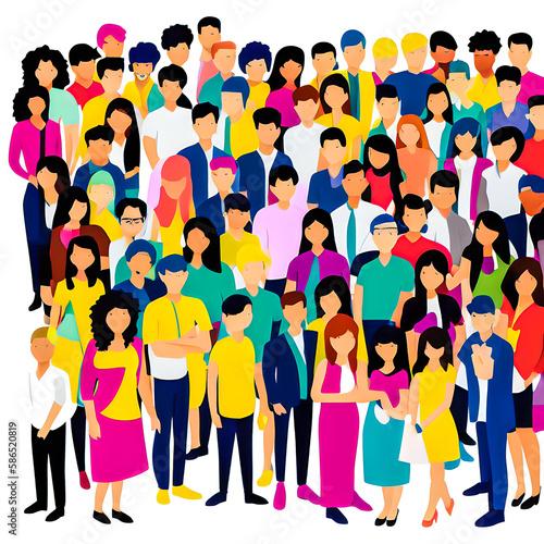 Group of abstract diverse people. Friends or colleagues stand, hug, pose together. The concept of peace between different nations. Teamwork, togetherness, friendship. colorful vector illustration