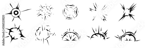 Explosion burst dust, power bombs explode effect. Isolated symbols graphic vector set. Radial explosion silhouette. Exploding bursts, round explosions cloud and exploded bomb effect black silhouettes.