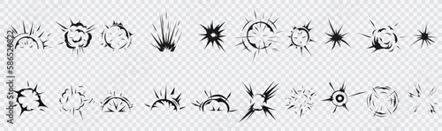 Radial explosion silhouette. Exploding bursts, round explosions cloud and exploded bomb effect black silhouettes. Explosion burst dust, power bombs explode effect. Isolated symbols graphic vector set