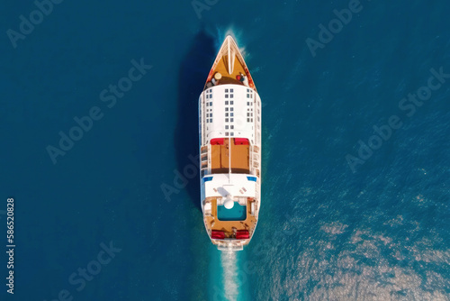 Tourist cruise ship sailing, aerial, top view. Created with Generative AI technology.