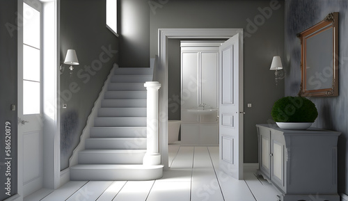 Corridor with stairs and open door to elegant bathroom with silver wall and white sink, generative ai