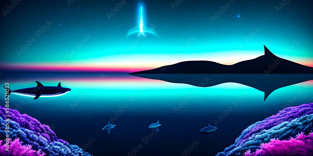 Whales and dolphins flying in the air over water and mountain hills in neon colors