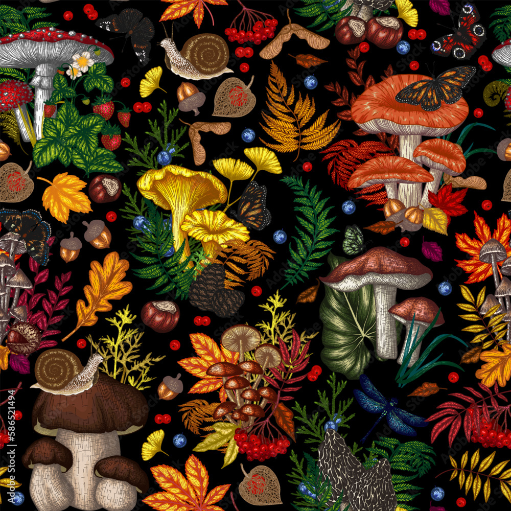 Seamless pattern with mushrooms, plants, insects, berries. Fly agaric, chanterelles, white mushroom, honey agaric, boletus, morel, russula, snail, strawberry, fern, butterflies, dragonfly