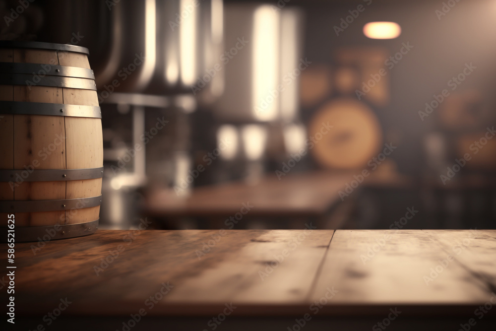 Wooden table for product display in hop field, generative AI Wooden table for product display in hop field, generative AI