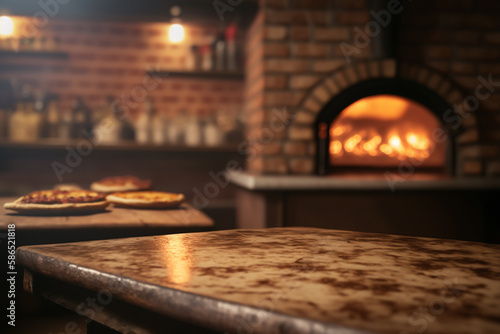 Wooden table for product pizza display, pizza oven, generative AI photo