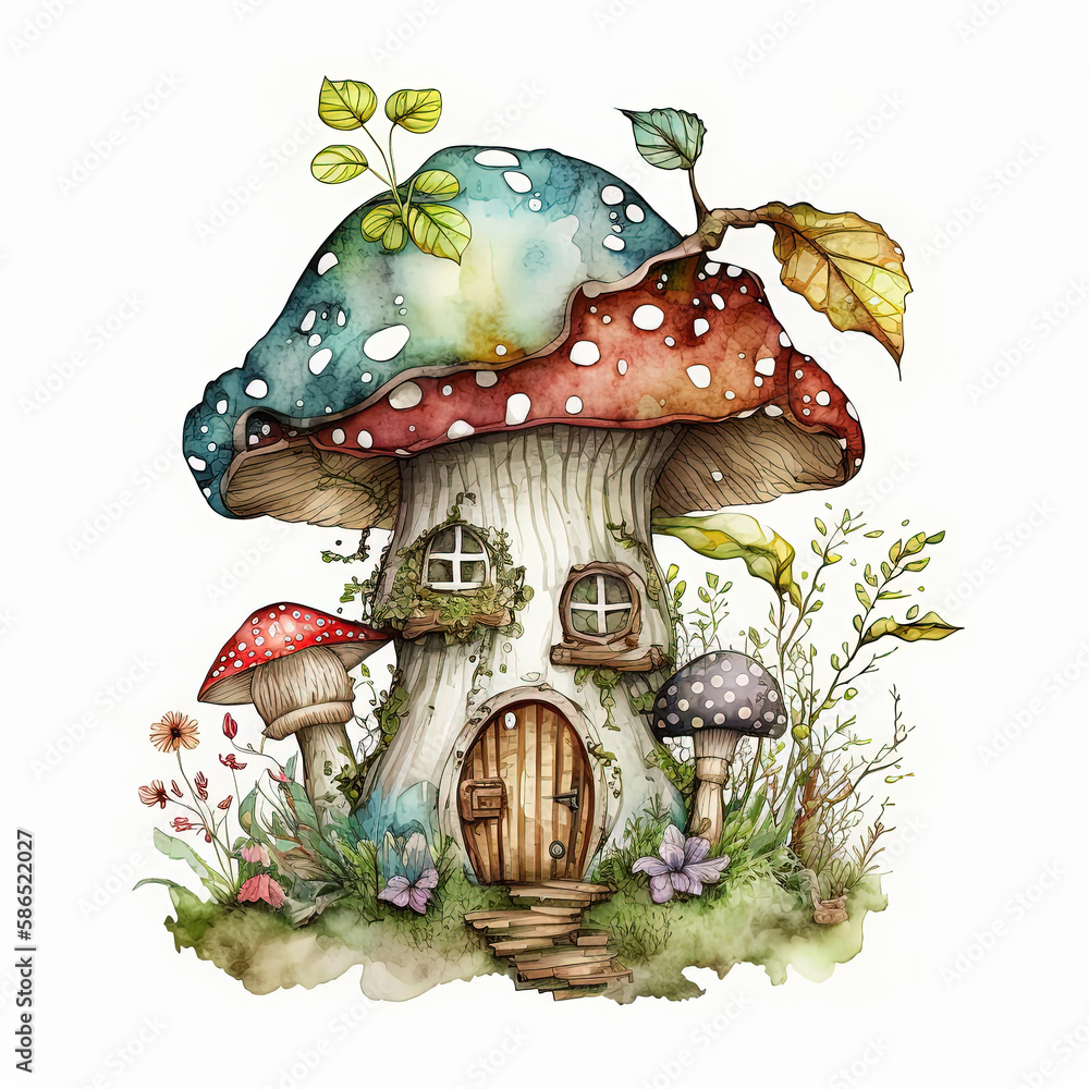 Watercolor cute whimiscal mushroom house illustration on white ...
