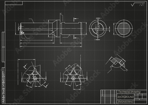 Mechanical engineering drawings on light background. Tap tools, borer. Technical Design. Cover. Blueprint. Vector illustration.