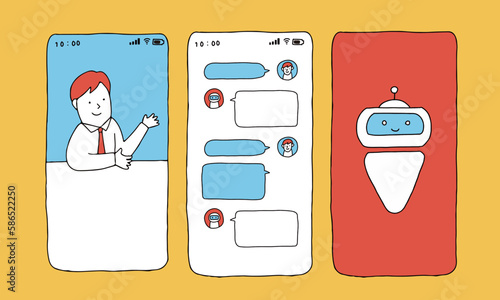 スマートフォンでチャットボットと会話する男性のイラスト