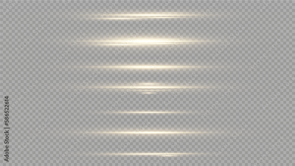 Gold horizontal lens flares pack. Laser beams, horizontal light rays. Glow transparent vector light effect set, explosion, shine, spark, solar flare. Gold horizontal lens flares pack. Laser beams, horizontal light rays. Glow transparent vector light effect set, explosion, shine, spark, solar flare.