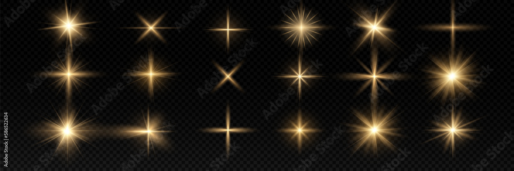 Shining golden stars isolated on transparent background. Effects, glare, lines, glitter, explosion, golden light. Vector illustration Shining golden stars isolated on transparent background. Effects, glare, lines, glitter, explosion, golden light. Vector illustration