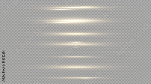 Gold horizontal lens flares pack. Laser beams, horizontal light rays. Glow transparent vector light effect set, explosion, shine, spark, solar flare.