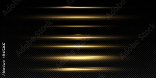 Gold horizontal lens flares pack. Laser beams, horizontal light rays. Glow transparent vector light effect set, explosion, shine, spark, solar flare.