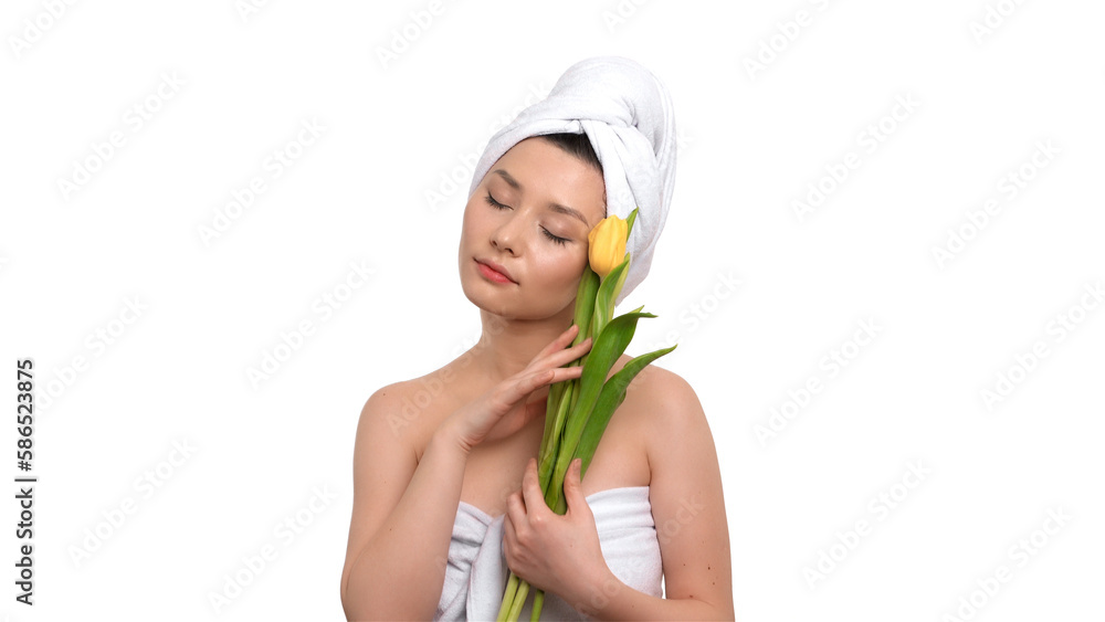 Beauty asian woman with towel on head brushing eyes face healthy pure skin natural make up flower beauty model young spa beautiful female. Isolated white background. Concept of wellness and beauty
