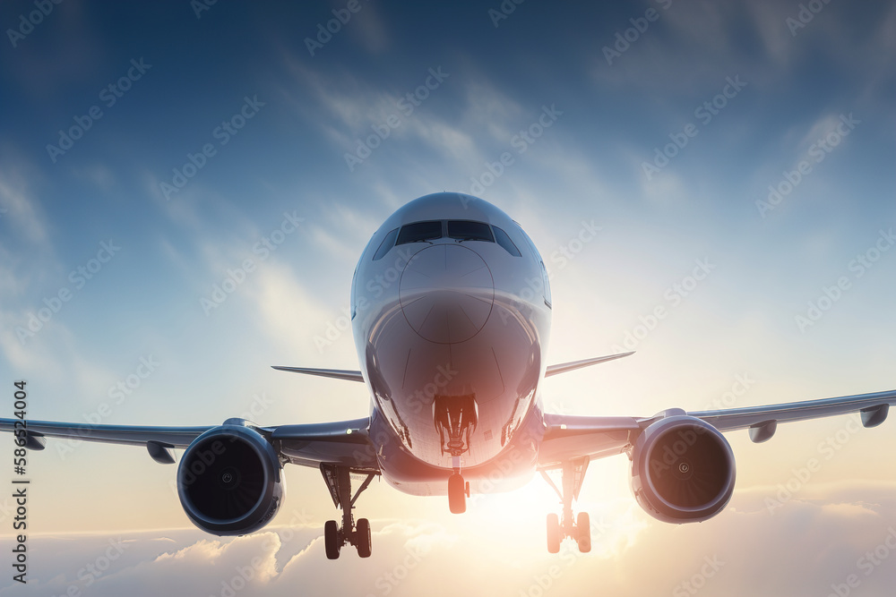 Modern passenger plane flying in sky. Close-up of civil aviation transport landing or taking off. Generative AI Modern passenger plane flying in sky. Close-up of civil aviation transport landing or taking off. Generative AI