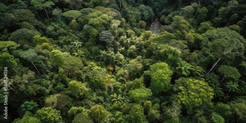 Beautiful bird's-eye view of the forest.Aerial view. Panoramic shot. Generative AI