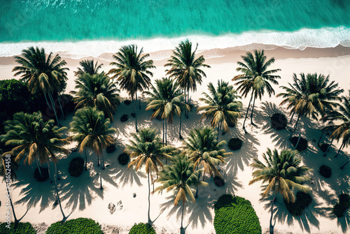 top view of a beautiful tropical beach with palm trees, white sand and blue sea without people. summer resort landscape with ocean and waves. ai © Вячеслав Герц