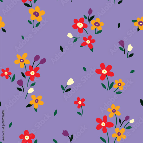 Seamless floral pattern, cute flower print with small daisies. Pretty botanical design with simple hand drawn plants: tiny flowers, leaves on a lilac background. Vector illustration.