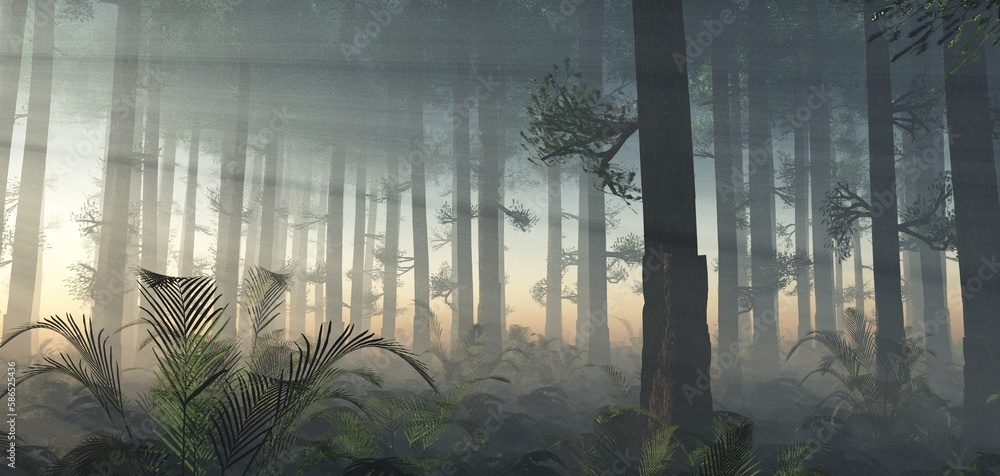 Obraz premium Forest in the morning in a fog in the sun, trees in a haze of light, glowing fog among the trees, 3D rendering