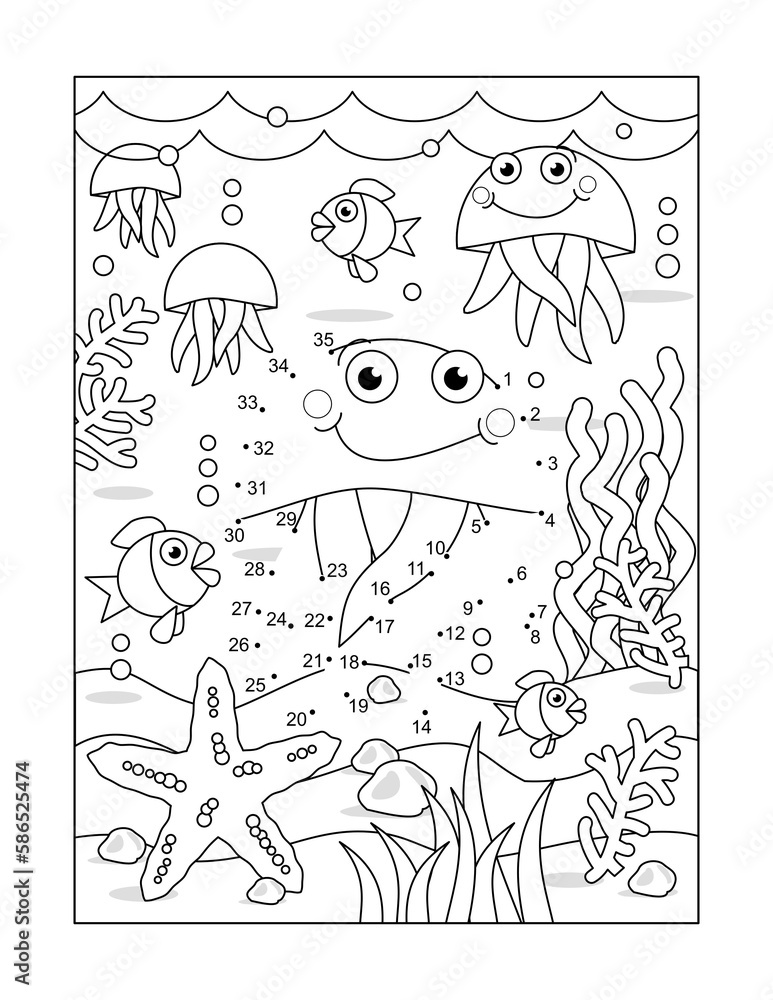 Jellyfish dot-to-dot picture puzzle and coloring page

