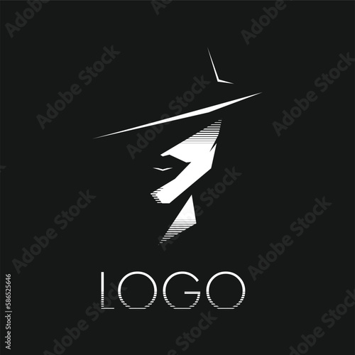 Stylish minimalistic woman face silhouette in big elegant hat with retro halftone. Logo design vector illustration. 