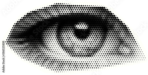 Retro halftone collage eye for mixed media design. Open human eye in halftone texture, dotted pop art style. Vector illustration of vintage grunge punk crazy art templates.