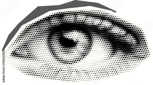 Retro halftone collage eye  for mixed media design. Open human eye in halftone texture, dotted pop art style. Vector illustration of vintage grunge punk crazy art templates.