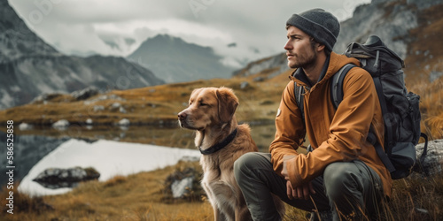 Young man is hiking in the mountains with a dog Generative AI