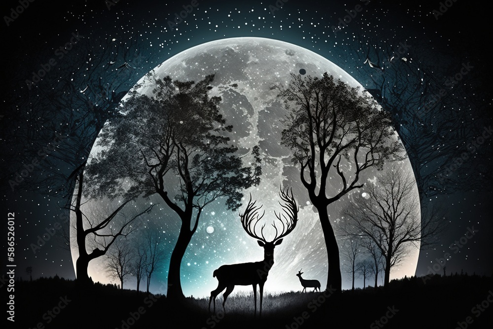 silhouette of a deer in the forest at night