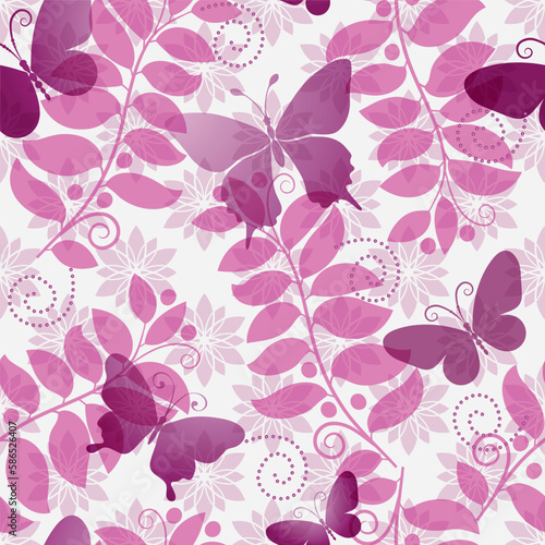 Fototapeta Naklejka Na Ścianę i Meble -  Vector pink spring seamless pattern with flying gradient butterflies