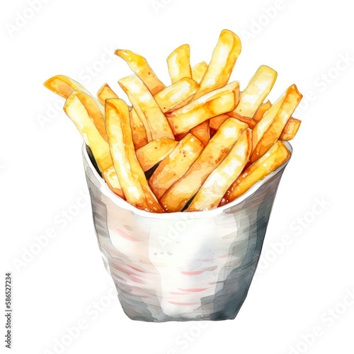 French fries on white background. Watercolor food illustration. Generative AI.