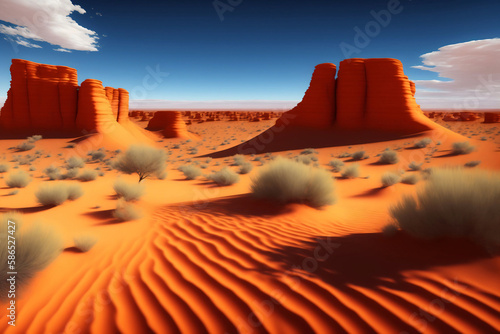 American desert landscape, with bushes and a beautiful sky. Red sand dunes and mesas. Generative AI.