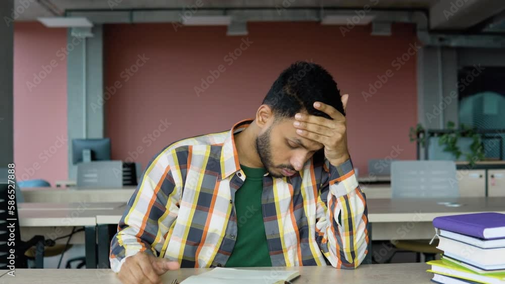Preparing to the exams. Thoughtful tired young indian student writing something in her note pad and reading book while sitting at the library desk Preparing to the exams. Thoughtful tired young indian student writing something in her note pad and reading book while sitting at the library desk
