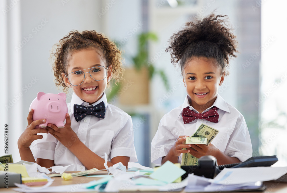 Portrait of children in business with cash, piggy bank and smile, education in money management or budget planning. Portrait of girls, saving and investing in future finance with happy corporate kids Stock