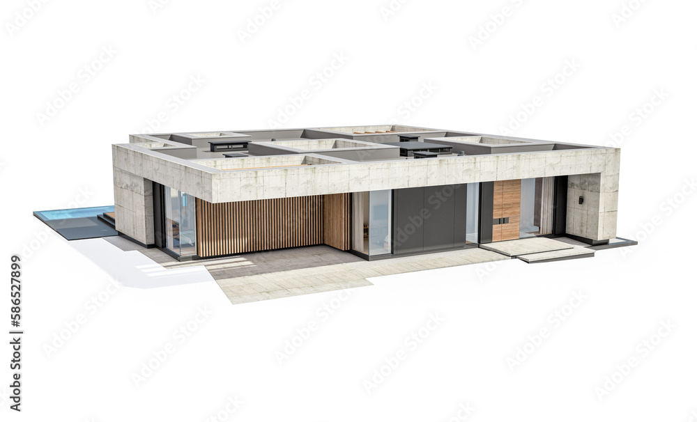3d rendering of new concrete house in modern style with pool and parking for sale or rent only one floor in evening. Isolated on white 3d rendering of new concrete house in modern style with pool and parking for sale or rent only one floor in evening. Isolated on white