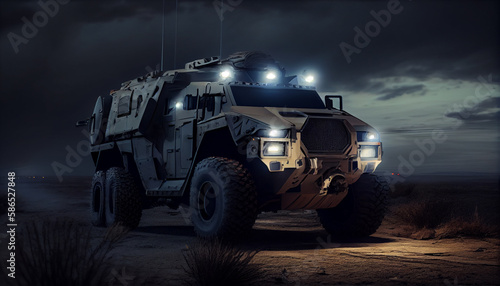 Armored SUV in mountains with led bar on roof