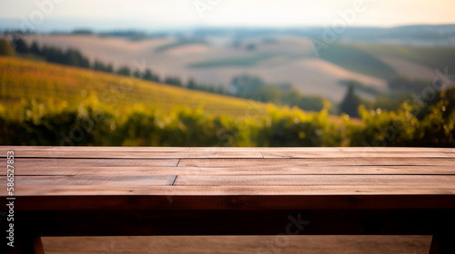 Empty wooden counter table in front of blurred background of Italian hills for product display. Generative AI.