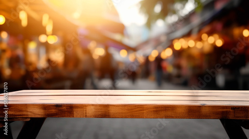empty wooden table in front of abstract blurred background for product display in a coffee shop  local market or bar. Generative AI