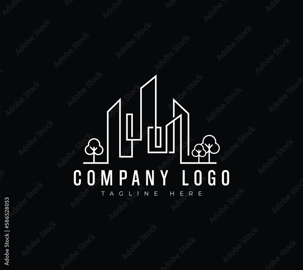 City building logo design with abstract trees in a modern and minimalist concept.  construction, architecture, and real estate abstract for logo design inspiration Premium Vector