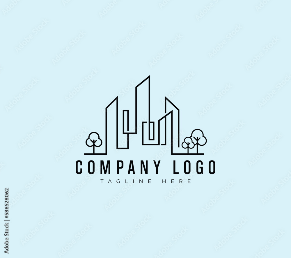 City building logo design with abstract trees in a modern and minimalist concept.  construction, architecture, and real estate abstract for logo design inspiration Premium Vector