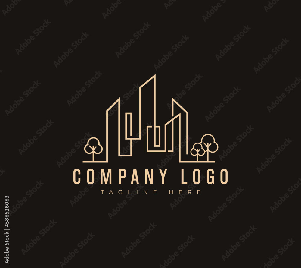 Fototapeta premium City building logo design with abstract trees in a modern and minimalist concept. construction, architecture, and real estate abstract for logo design inspiration Premium Vector