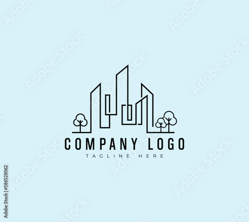 City building logo design with abstract trees in a modern and minimalist concept. construction, architecture, and real estate abstract for logo design inspiration Premium Vector