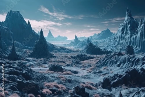 an extraterrestrial mountainous terrain with rocky formations. Generative AI