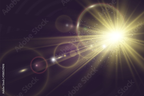 Special lens flash, light effect. The flash flashes rays and searchlight. illust.White glowing light. Beautiful star Light from the rays. The sun is backlit. Bright beautiful star. Sunlight. Glare. 
