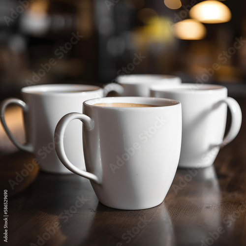 Close-up of white mugs of coffee in a cafe
