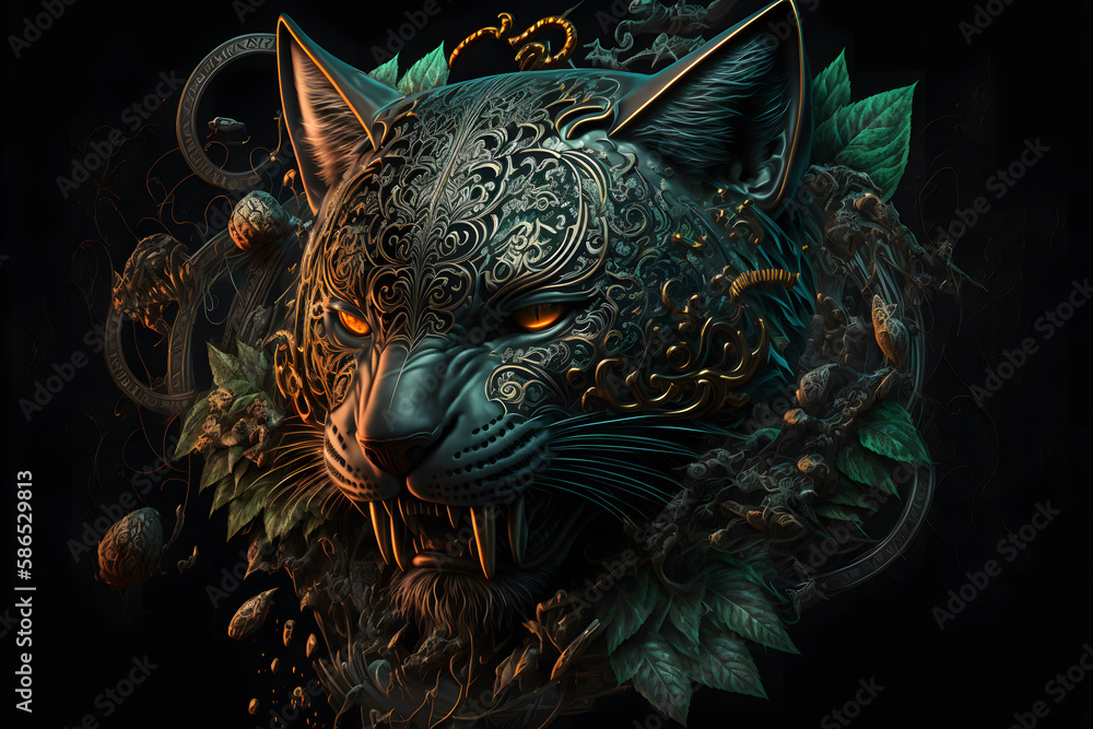 Obraz premium Panther emblem mask surrounded by jungle created with generative AI technology