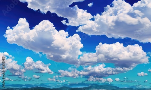 Blue sky with white, puffy clouds. a cloudy background. Generative Ai.