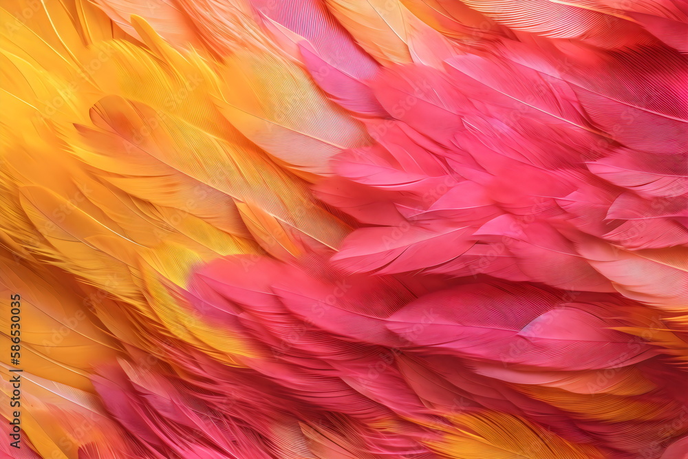 close up photo of pink and yellow feathers as background texture, made with generative ai