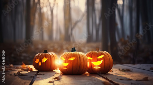 Halloween pumpkin on a forest background with twilight lighting. Generative AI